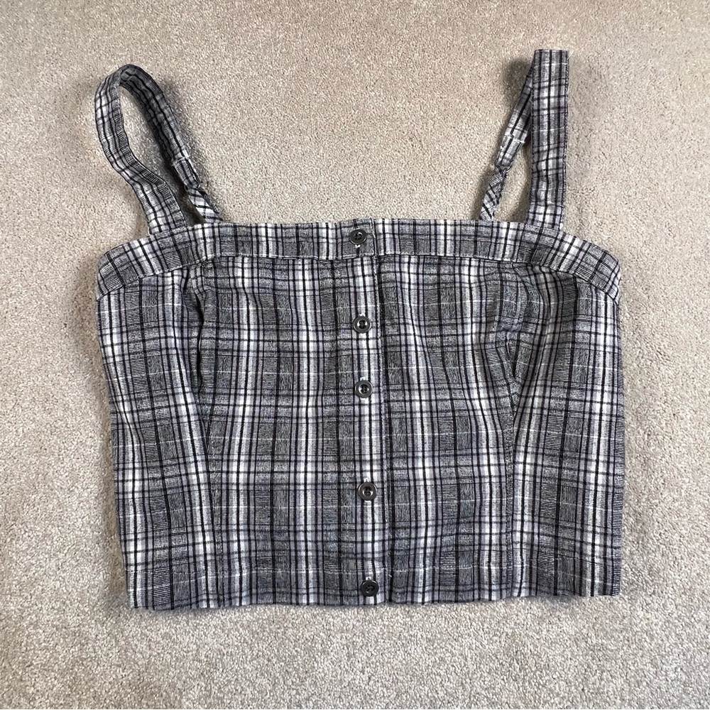 Hollister Crop Top Gray Plaid Adustable Straps Stretch Back Button Front Medium